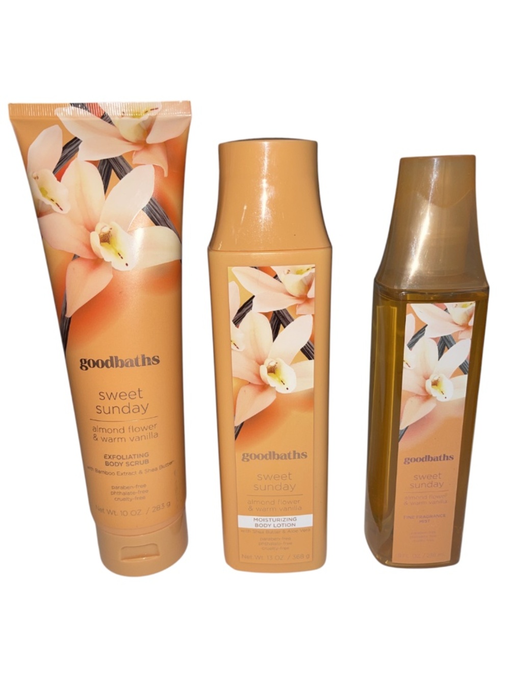 Goodbaths Sweet Sunday Almond Flower & Warm Vanilla Body Scrub Lotion Set of 3